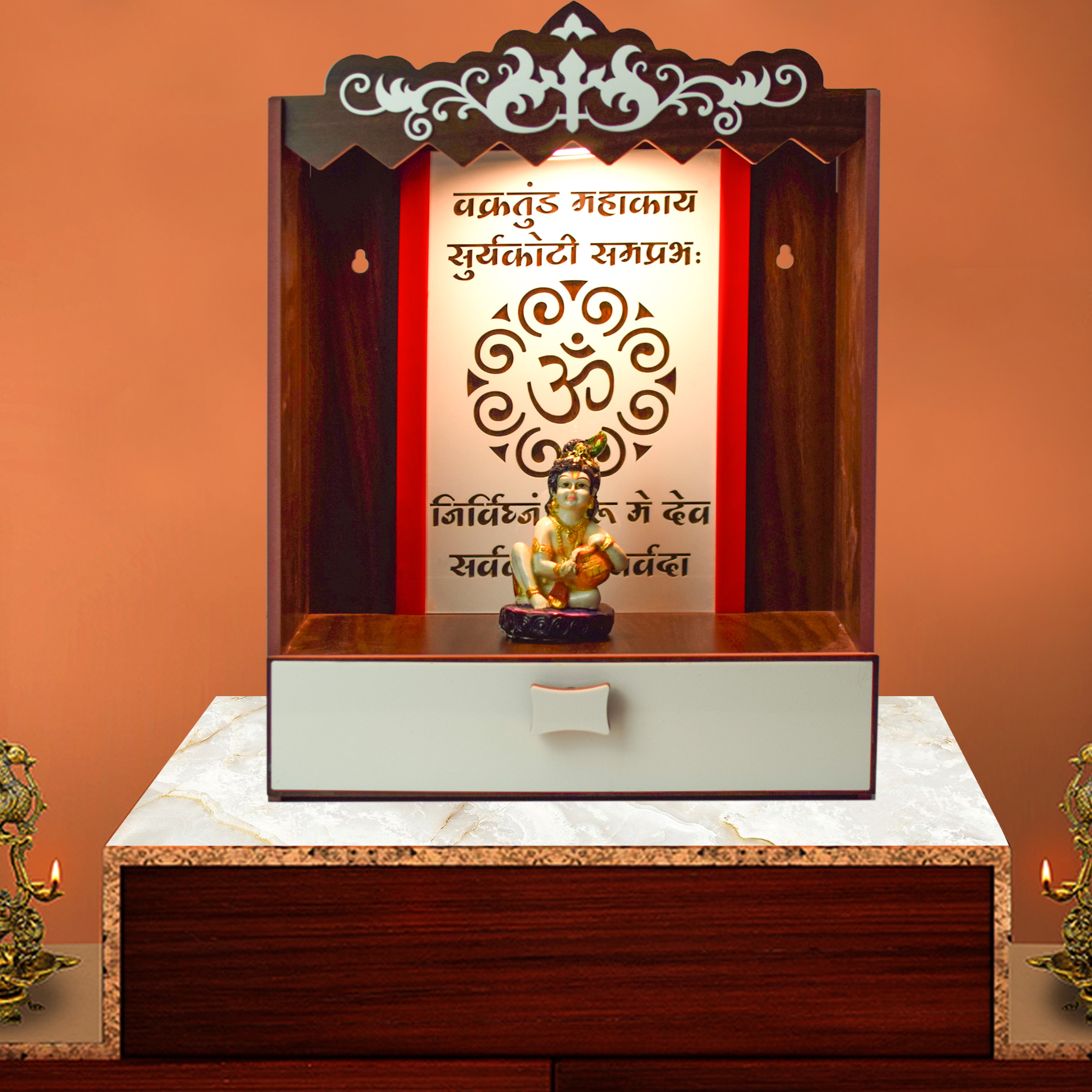 Wooden LED light Acrylic OM With Shlok Design Temple (41cm x 33cm x 16cm)