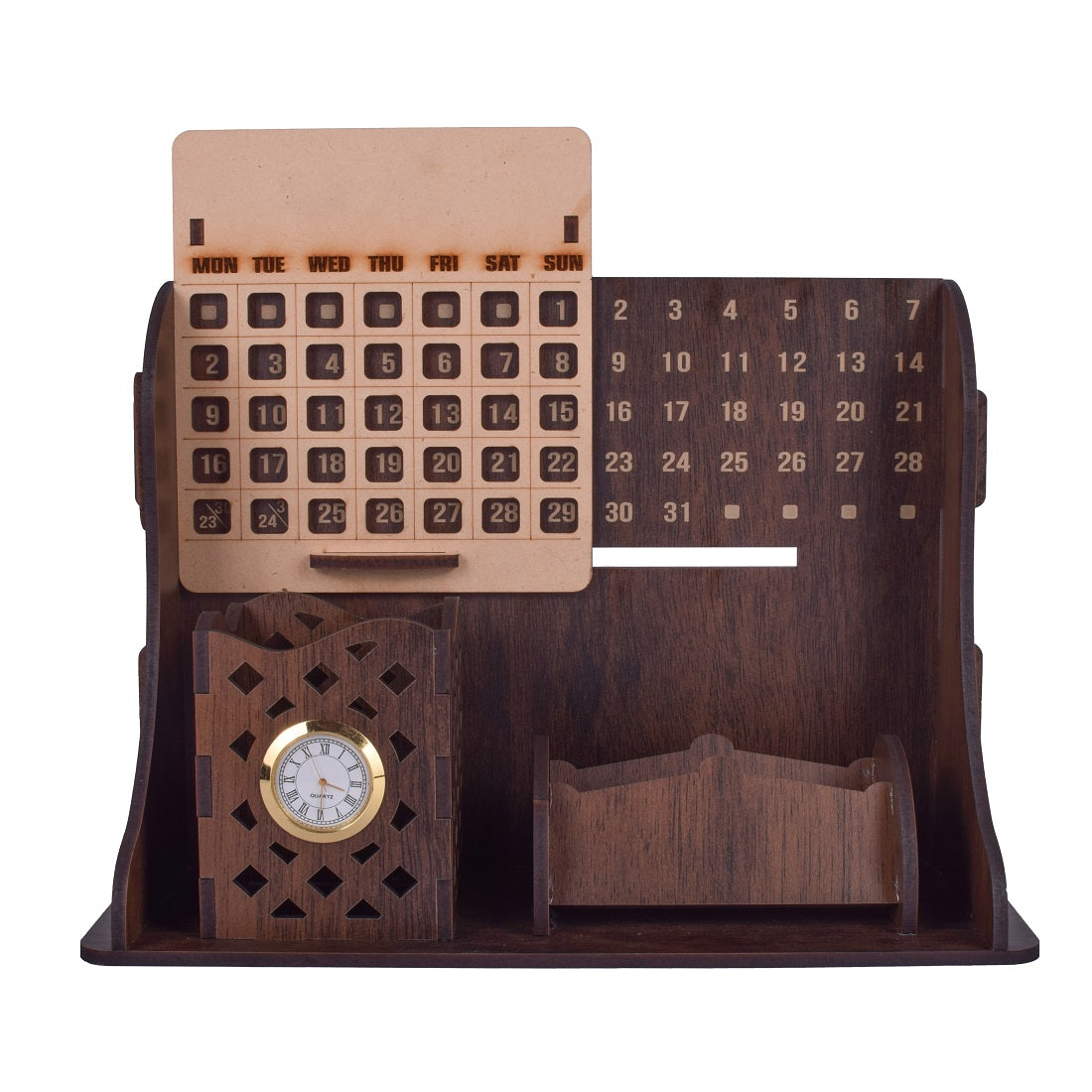 Wooden Calendar Pen Stand With Mini Clock