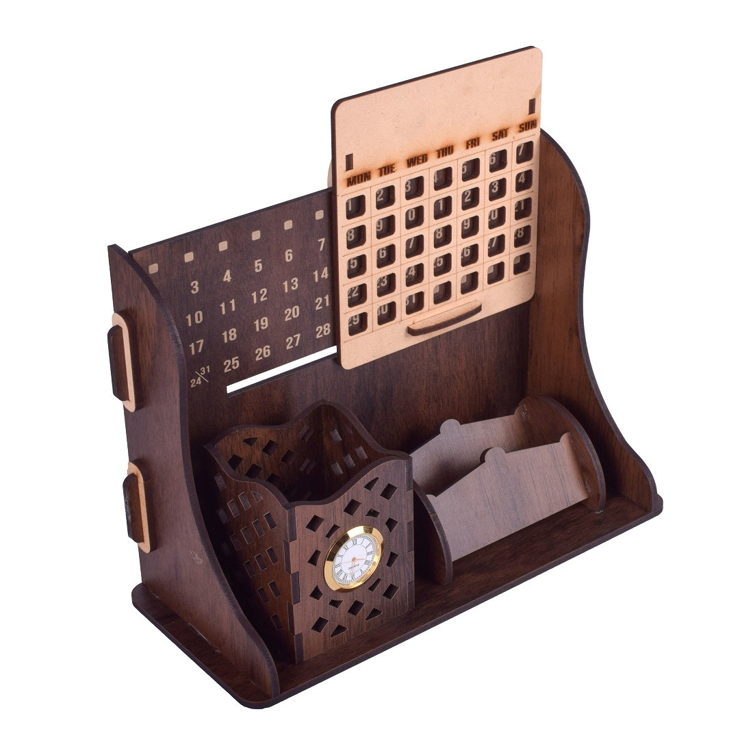 Wooden Calendar Pen Stand With Mini Clock