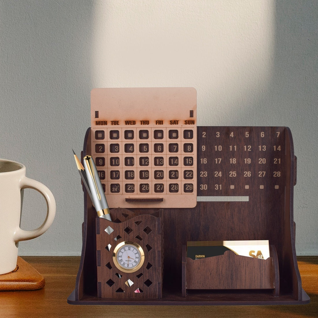 Wooden Calendar Pen Stand With Mini Clock