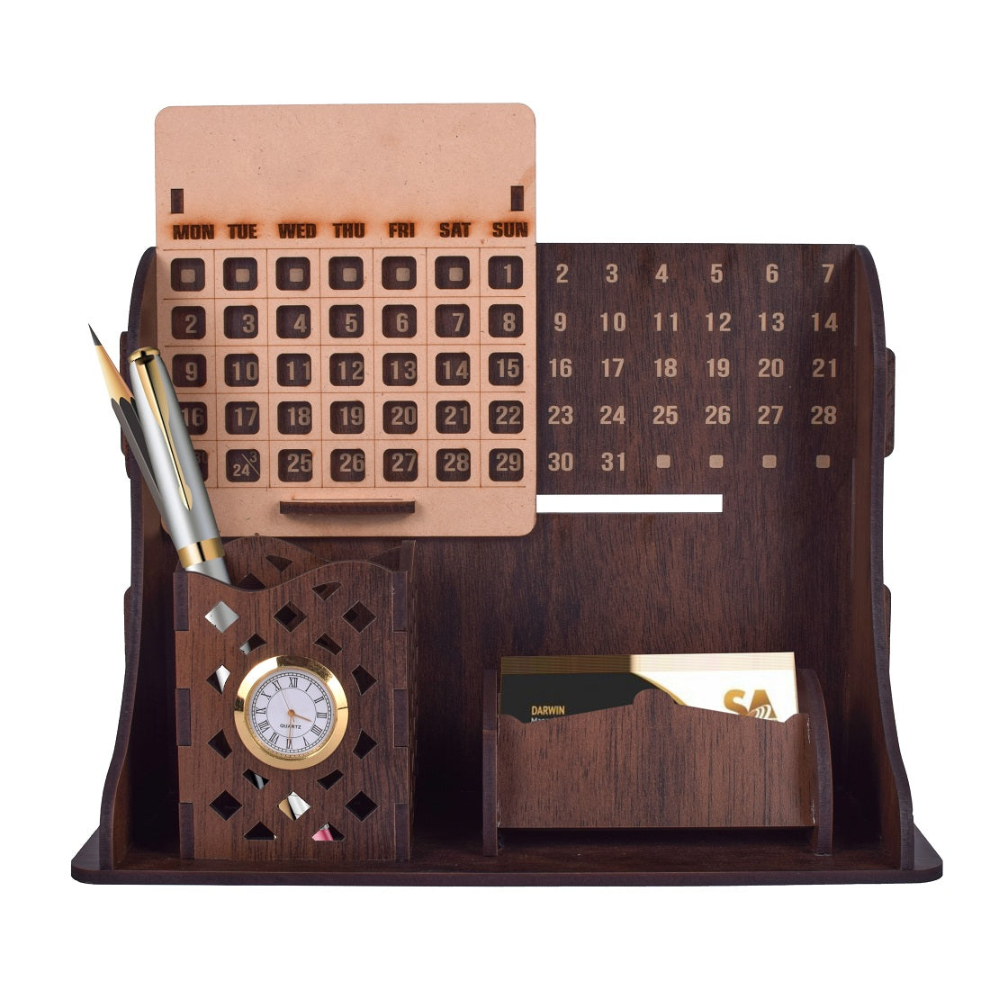 Wooden Calendar Pen Stand With Mini Clock