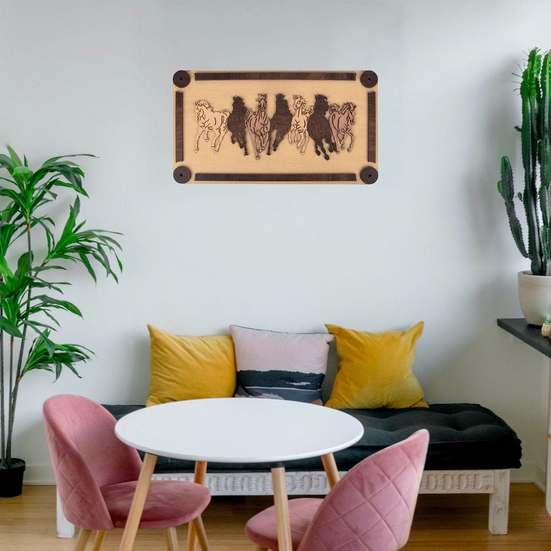 Seven Running Horse Frame for Living Room, Bedroom, Drawing Room or Office Vastu Sunrise Landscape Animals Scenery Wooden Coated Framed Painting for Home Decoration and Gifting