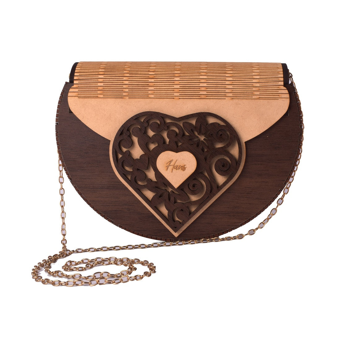 Women's Round Shape Decorative Lesser Cutting Wooden Purse